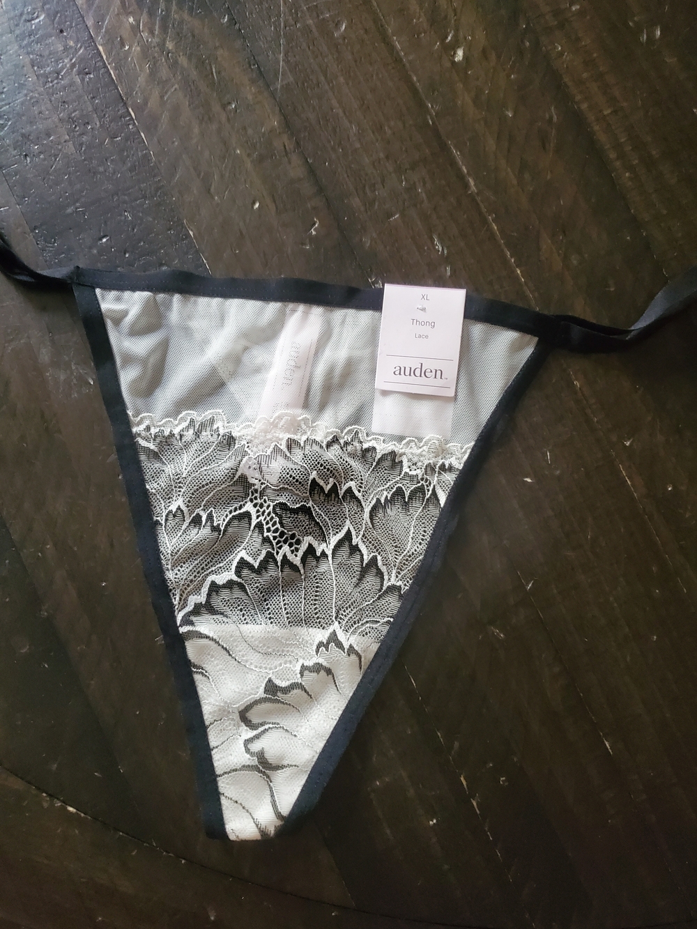 Auden White Mesh Thong with Black Floral Lace Trim